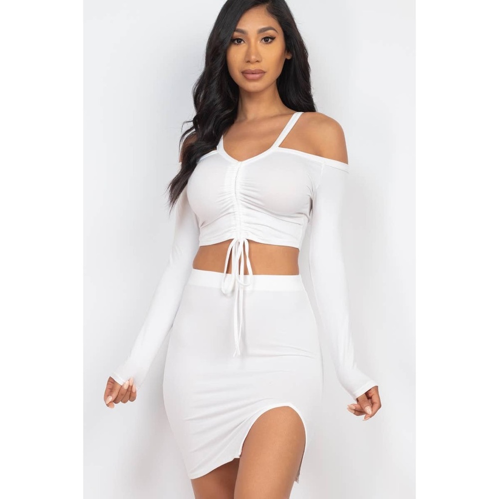 Ruched Drawstring Off Shoulder Crop Top & Side Split Skirt